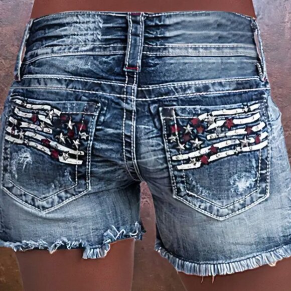 FLAMINGALS American Flag Patched Button Fly Cut Out Denim Shorts XL BNWT - Picture 2 of 8